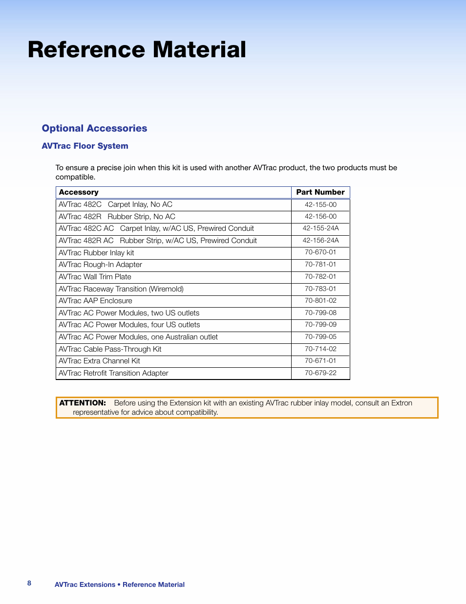 Reference material, Optional accessories, Avtrac floor system | Extron Electronics AVTrac Extension Kit User Manual | Page 14 / 15