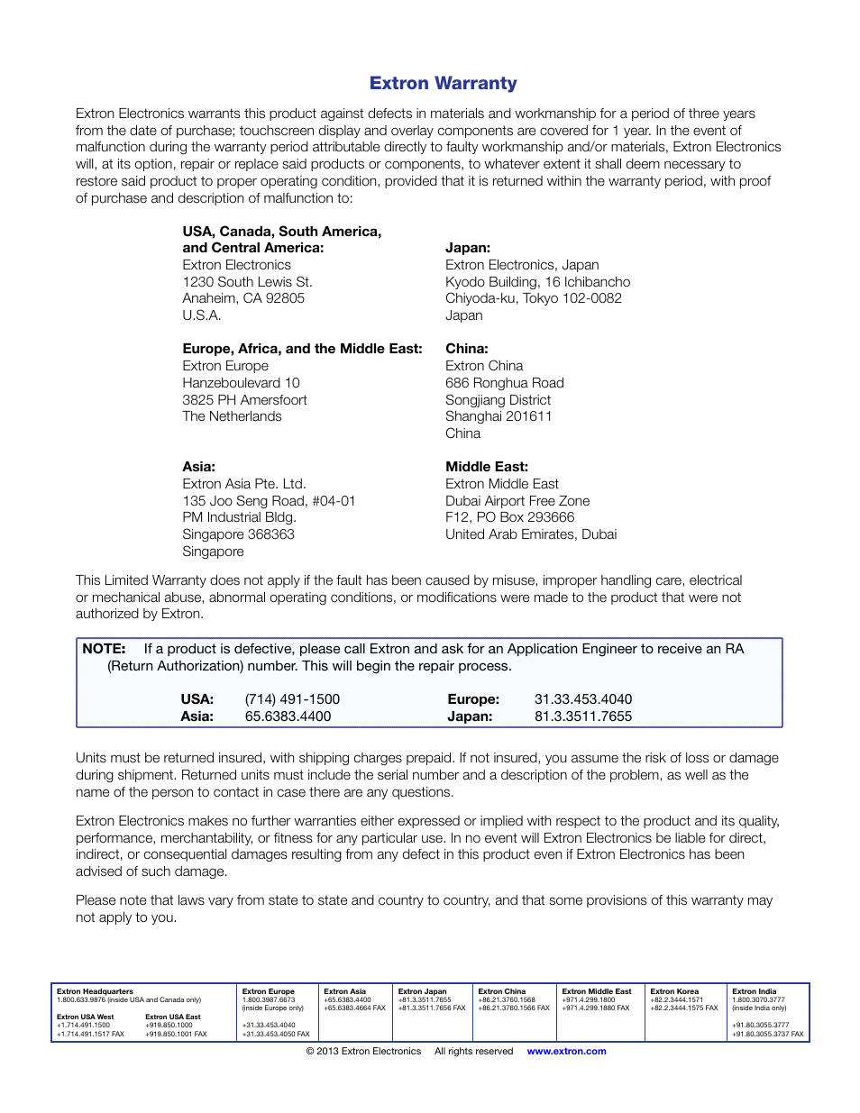 Extron warranty | Extron Electronics AVTrac Extension Kit User Manual | Page 15 / 15