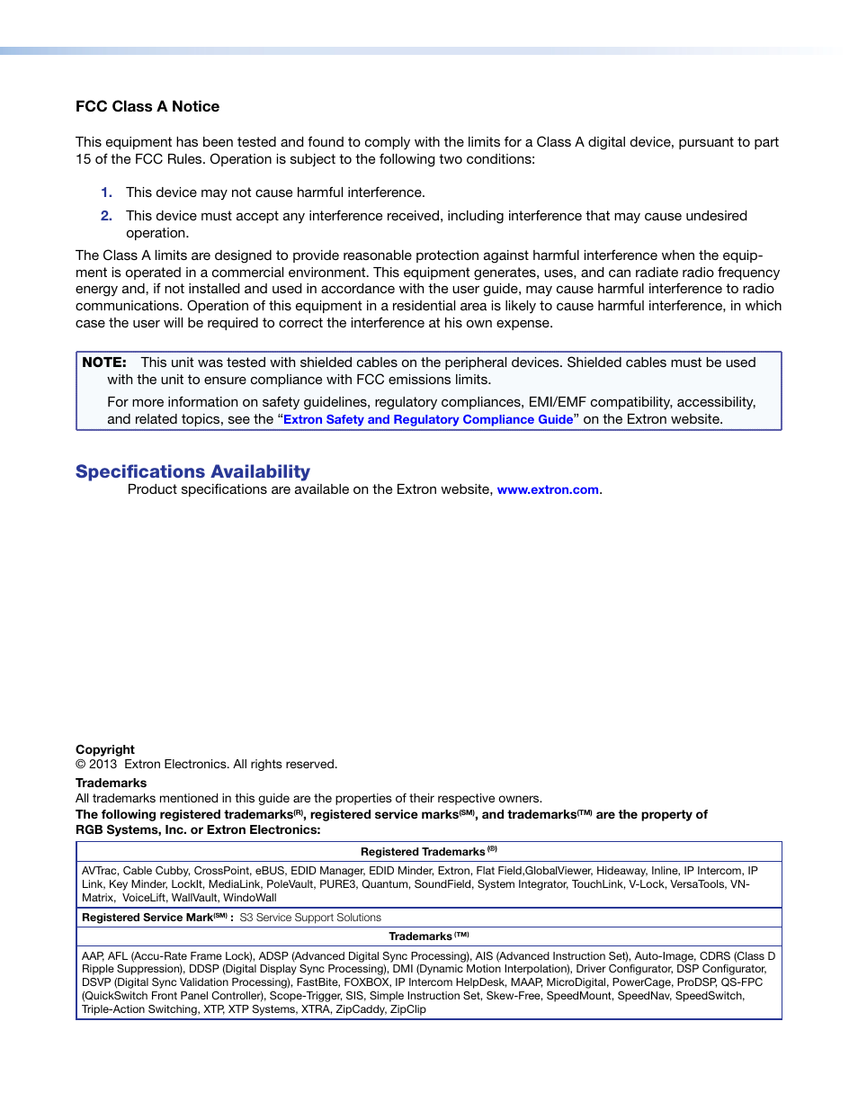 Specifications availability, Fcc class a notice | Extron Electronics AVTrac Extension Kit User Manual | Page 3 / 15