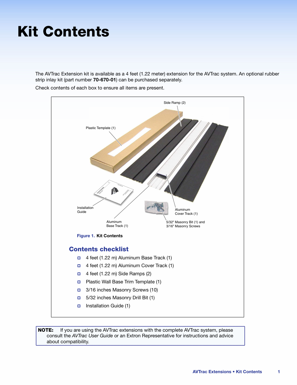 Kit contents, Contents checklist | Extron Electronics AVTrac Extension Kit User Manual | Page 7 / 15