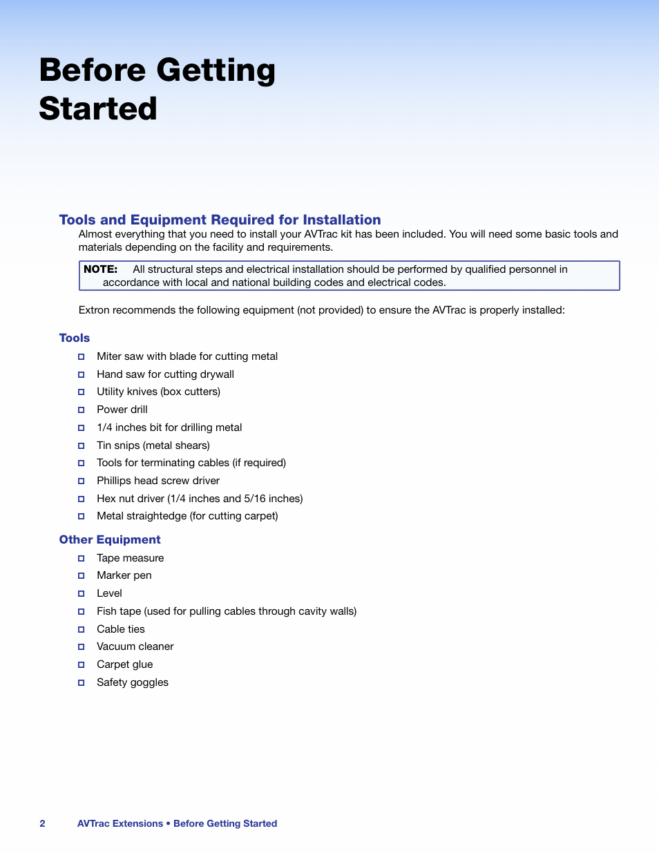 Before getting started, Tools and equipment required, For installation | Tools other equipment, Tools and equipment required for installation | Extron Electronics AVTrac Extension Kit User Manual | Page 8 / 15