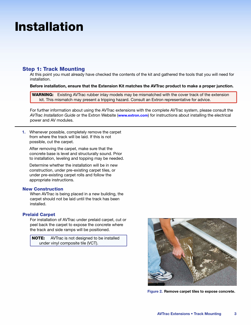 Installation, Step 1: track mounting, New construction prelaid carpet | Extron Electronics AVTrac Extension Kit User Manual | Page 9 / 15