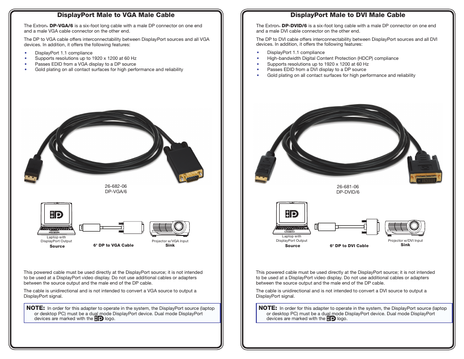 Extron Electronics DisplayPort Male to VGA Male Cable User Manual | 2 pages