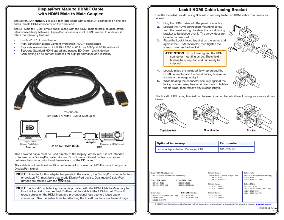 Lockit hdmi cable lacing bracket | Extron Electronics DisplayPort Male to VGA Male Cable User Manual | Page 2 / 2