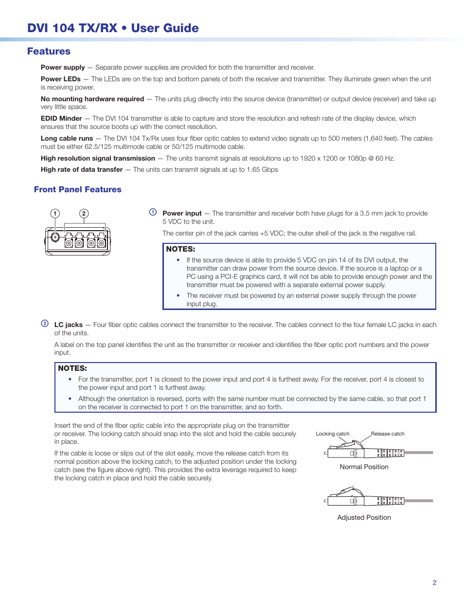 Dvi 104 tx/rx • user guide, Features | Extron Electronics DVI 104 TX_RX User Guide User Manual | Page 2 / 5