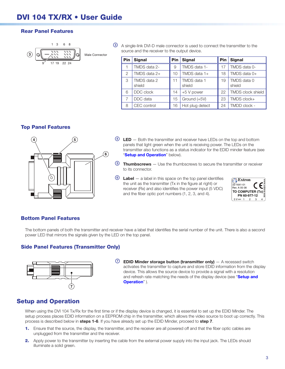 Dvi 104 tx/rx • user guide, Setup and operation | Extron Electronics DVI 104 TX_RX User Guide User Manual | Page 3 / 5