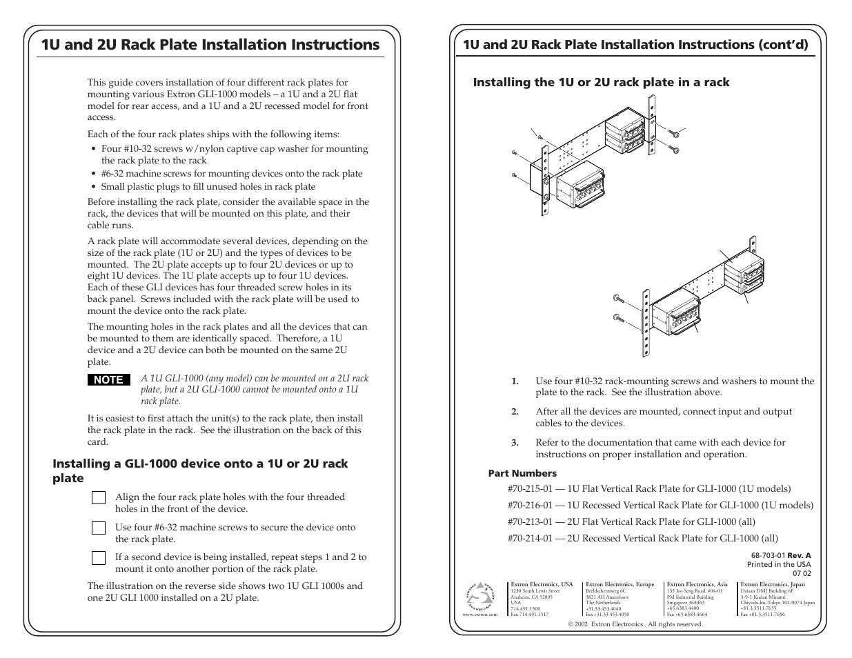 Extron Electronics 1U and 2U Rack Plate User Manual | 1 page