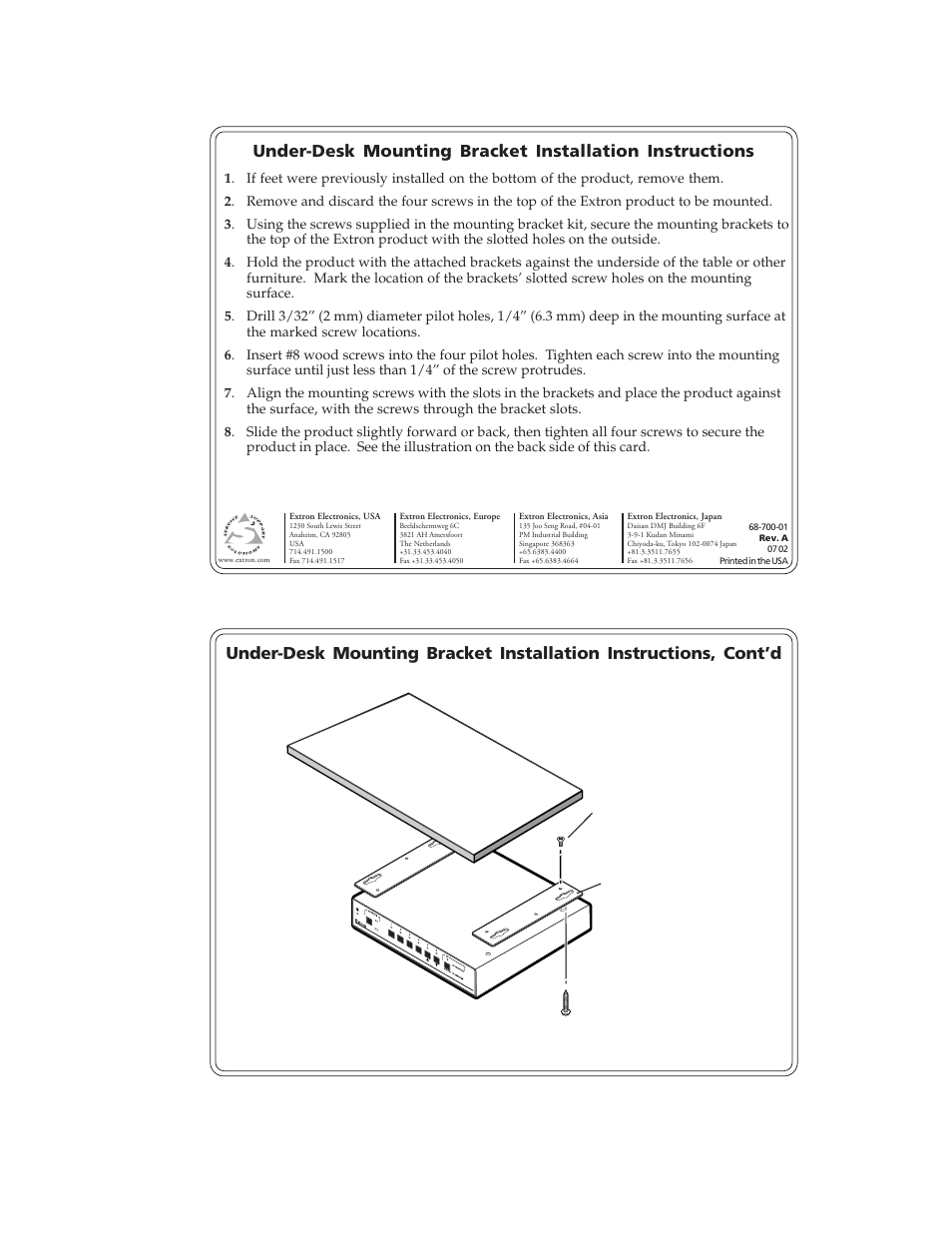 Extron Electronics Under-Desk Mounting Bracket User Manual | 1 page