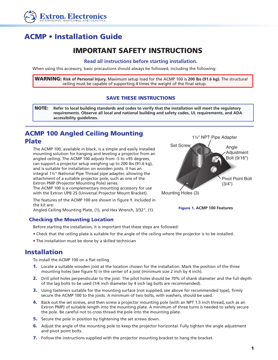 Extron Electronics ACMP 100 User Manual | 2 pages