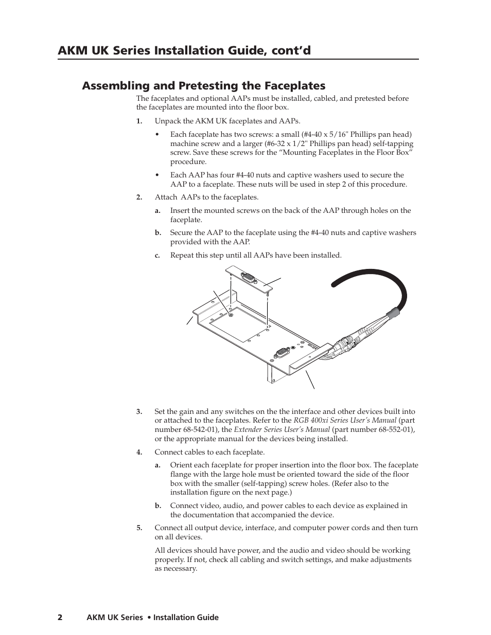 Assembling and pretesting the faceplates, Akm uk series installation guide, cont’d, Akm uk series • installation guide 2 | Extron Electronics AKM UK Series User Manual | Page 2 / 4