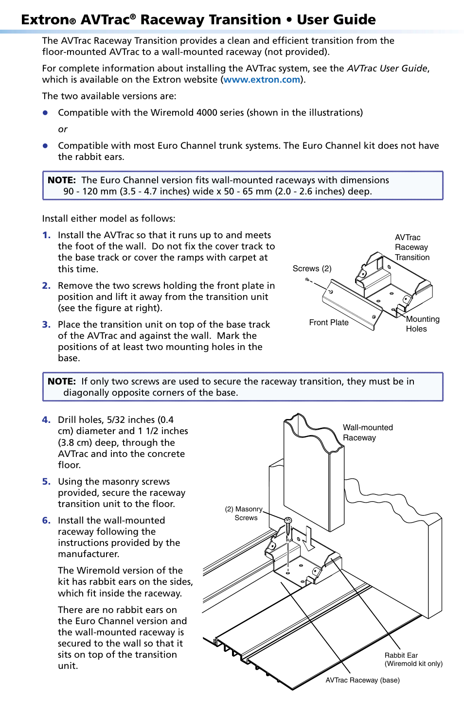 Extron Electronics AVTrac Raceway Transition User Manual | 2 pages