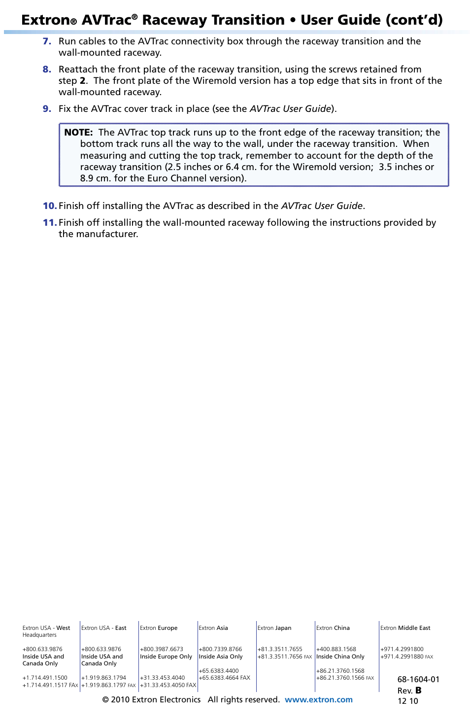 Extron, Avtrac, Raceway transition • user guide (cont’d) | Extron Electronics AVTrac Raceway Transition User Manual | Page 2 / 2