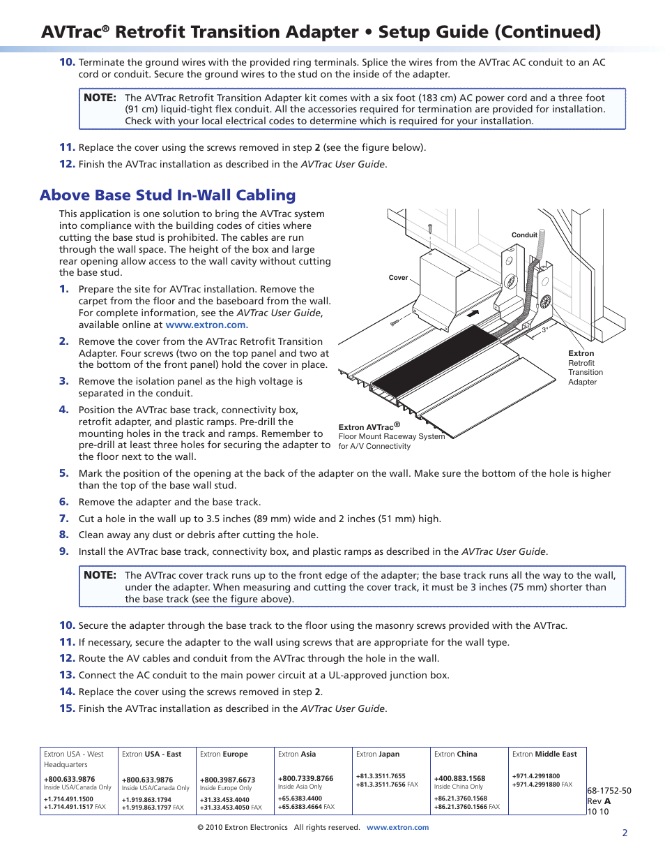 Above base stud in-wall cabling, Extron contact information, Avtrac | Extron Electronics AVTrac Retrofit Transition Adapter User Manual | Page 2 / 2