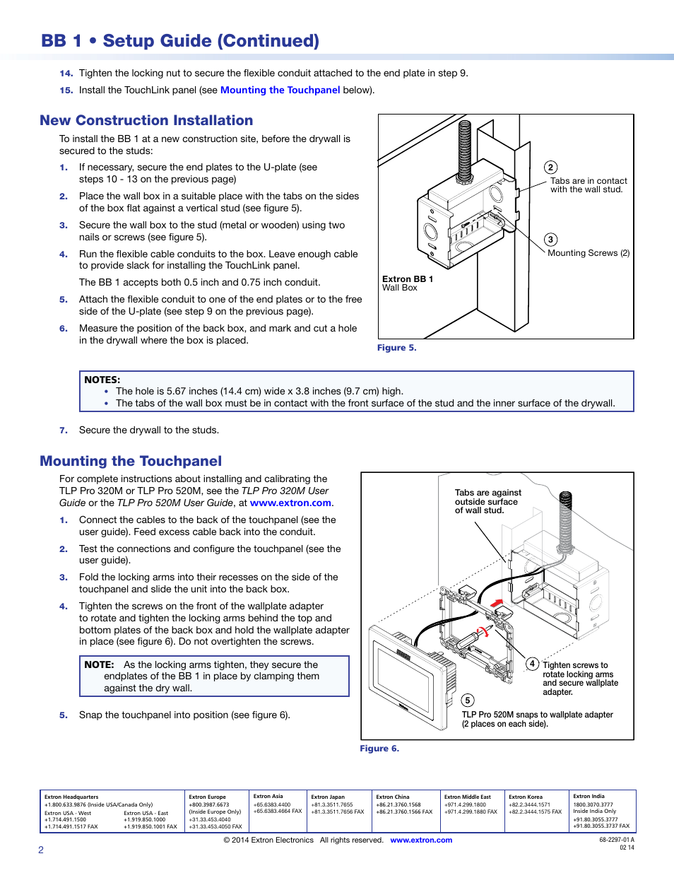 New construction installation, Mounting the touchpanel, Extron contact information | Bb 1 • setup guide (continued) | Extron Electronics BB 1 User Manual | Page 2 / 2