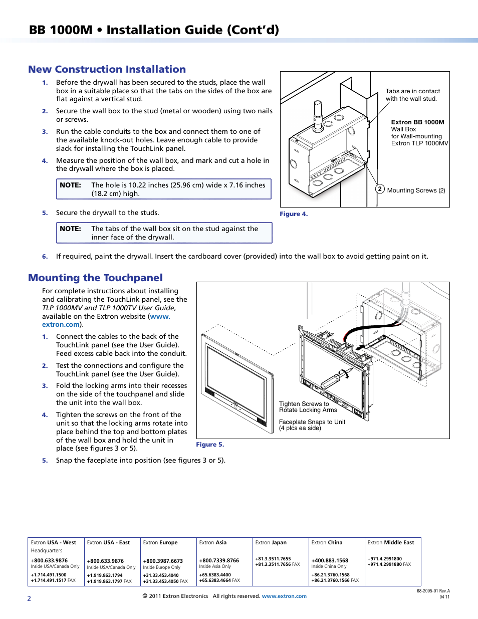 New construction installation, Mounting the touchpanel, Extron contact information | Bb 1000m • installation guide (cont’d) | Extron Electronics BB 1000M User Manual | Page 2 / 2