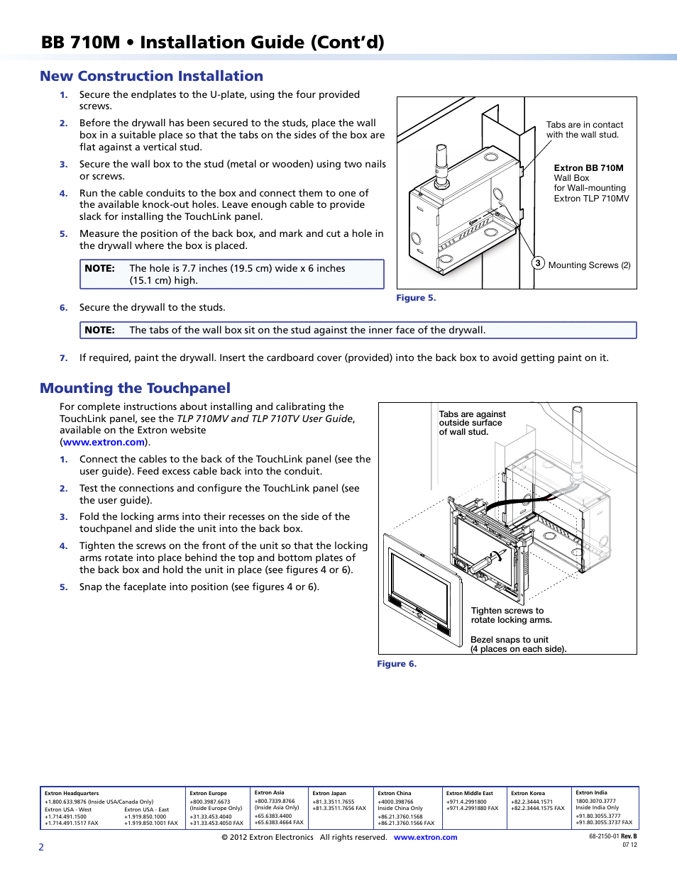 Bb 710m • installation guide (cont’d), New construction installation, Mounting the touchpanel | Extron Electronics BB 710M User Manual | Page 2 / 2