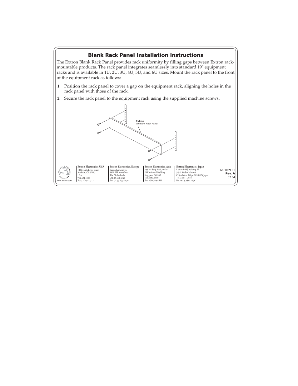 Extron Electronics Blank Rack Panel User Manual | 1 page