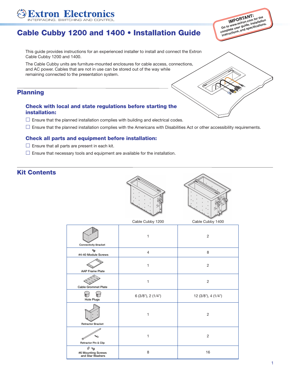 Extron Electronics Cable Cubby 1400 User Manual | 6 pages