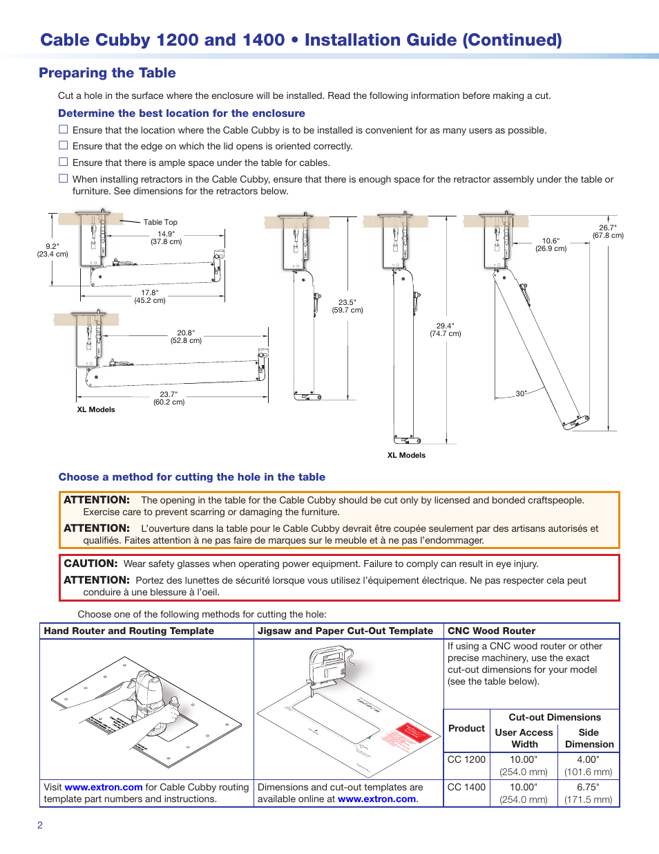Preparing the table, Determine the best location for the enclosure, Attention | Caution | Extron Electronics Cable Cubby 1400 User Manual | Page 2 / 6