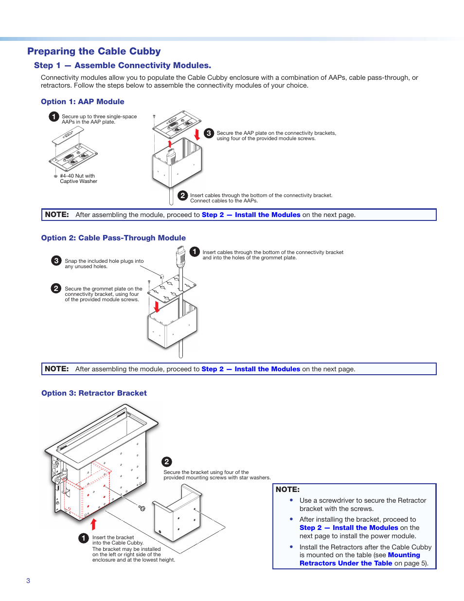 Preparing the cable cubby, Step 1 — assemble connectivity modules | Extron Electronics Cable Cubby 1400 User Manual | Page 3 / 6