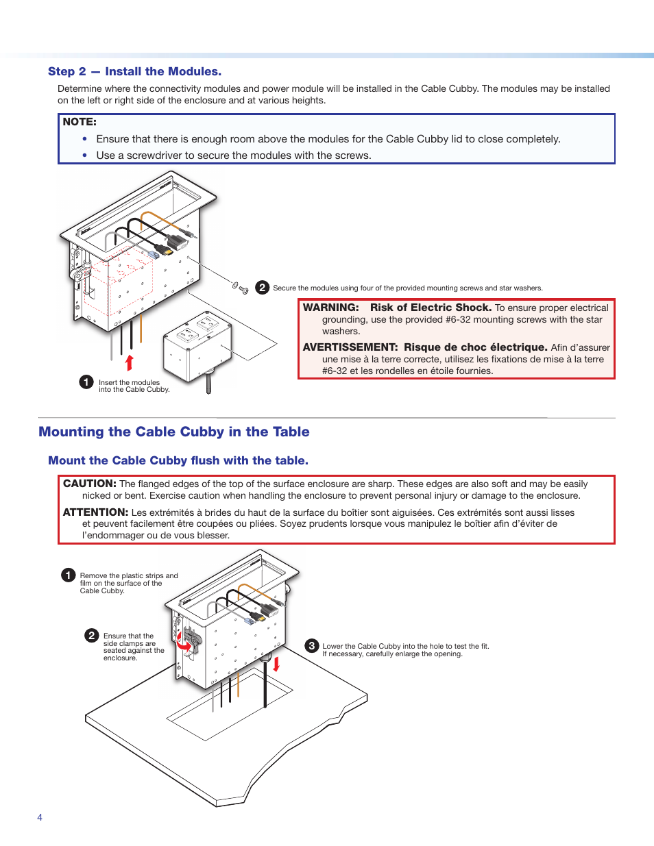 Oceed to, Step 2 — install the modules, Mounting the cable cubby in the table | Mount the cable cubby flush with the table | Extron Electronics Cable Cubby 1400 User Manual | Page 4 / 6