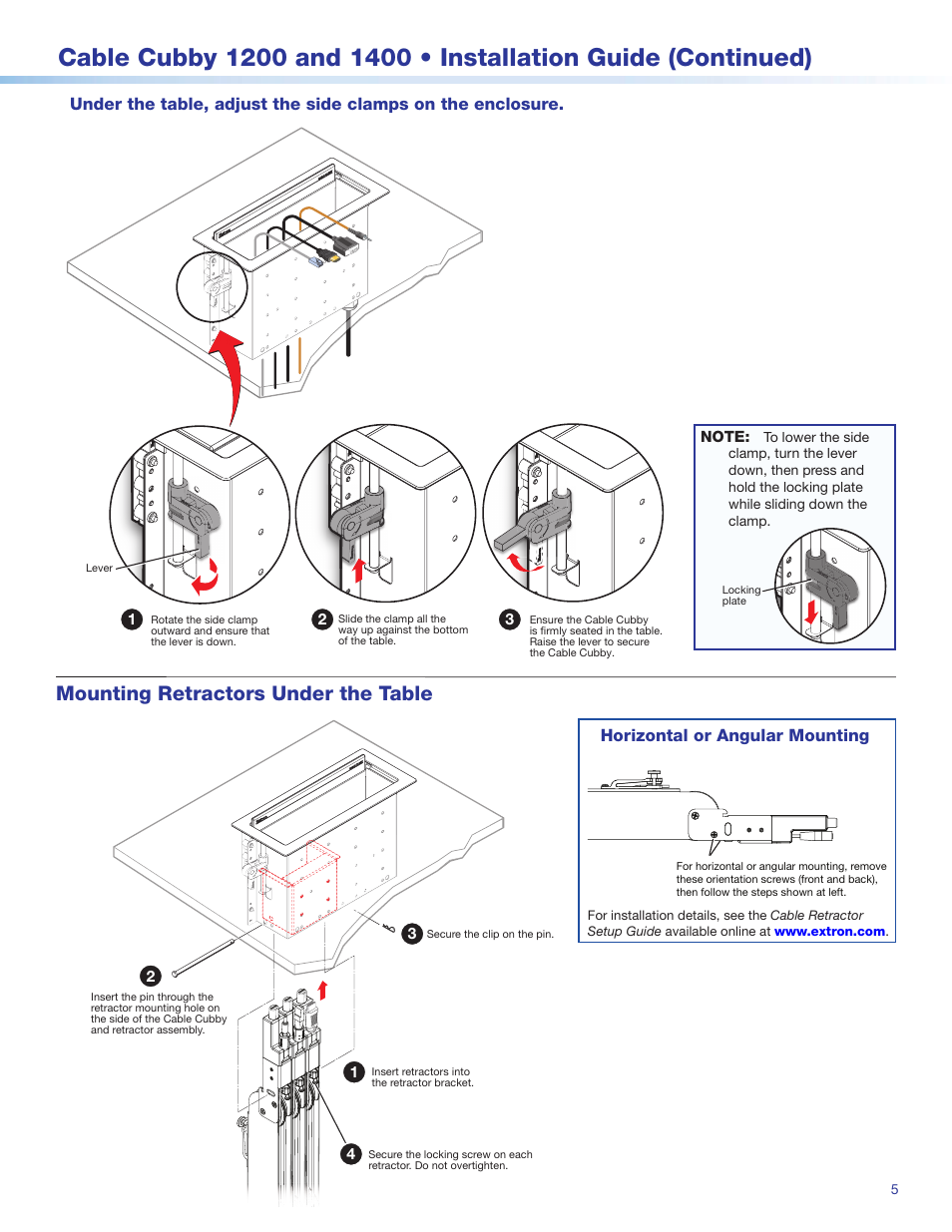 Mounting, Retractors under the table, Mounting retractors under the table | Horizontal or angular mounting | Extron Electronics Cable Cubby 1400 User Manual | Page 5 / 6