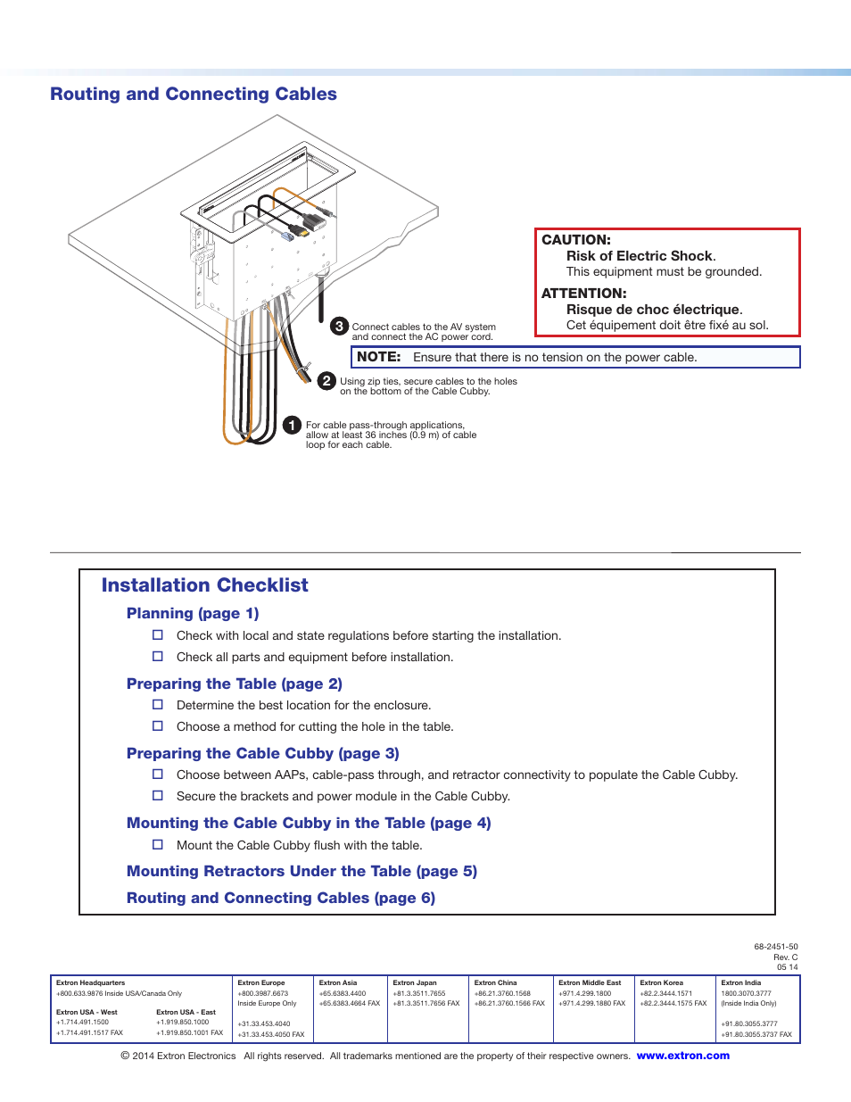 Installation checklist, Routing and connecting cables, Planning (page 1) | Preparing the table (page 2), Preparing the cable cubby (page 3), Mounting the cable cubby in the table (page 4) | Extron Electronics Cable Cubby 1400 User Manual | Page 6 / 6