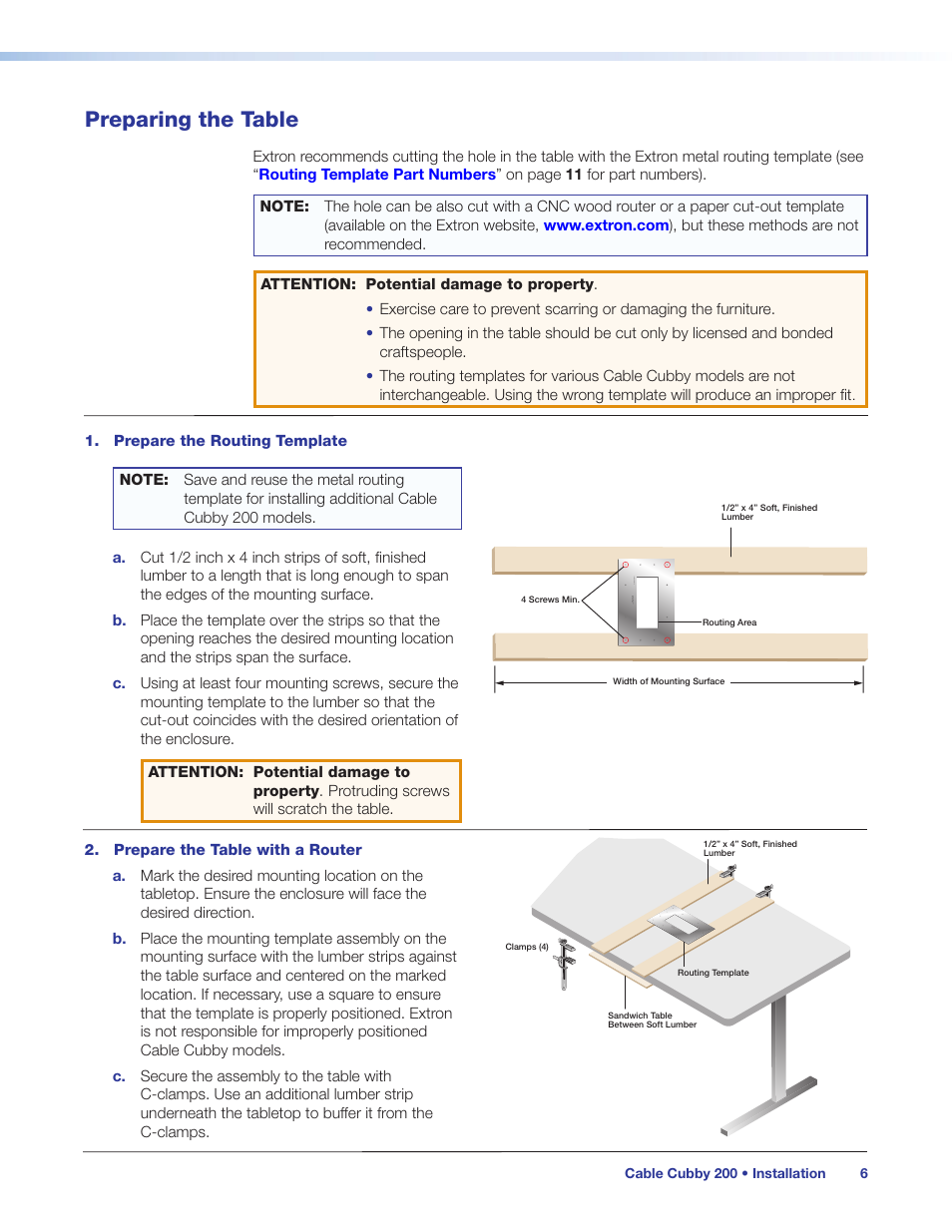 Preparing the table, Prepare the, Routing template | E is to be installed (see, Prepare the table, With a router | Extron Electronics Cable Cubby 200 User Manual | Page 11 / 18