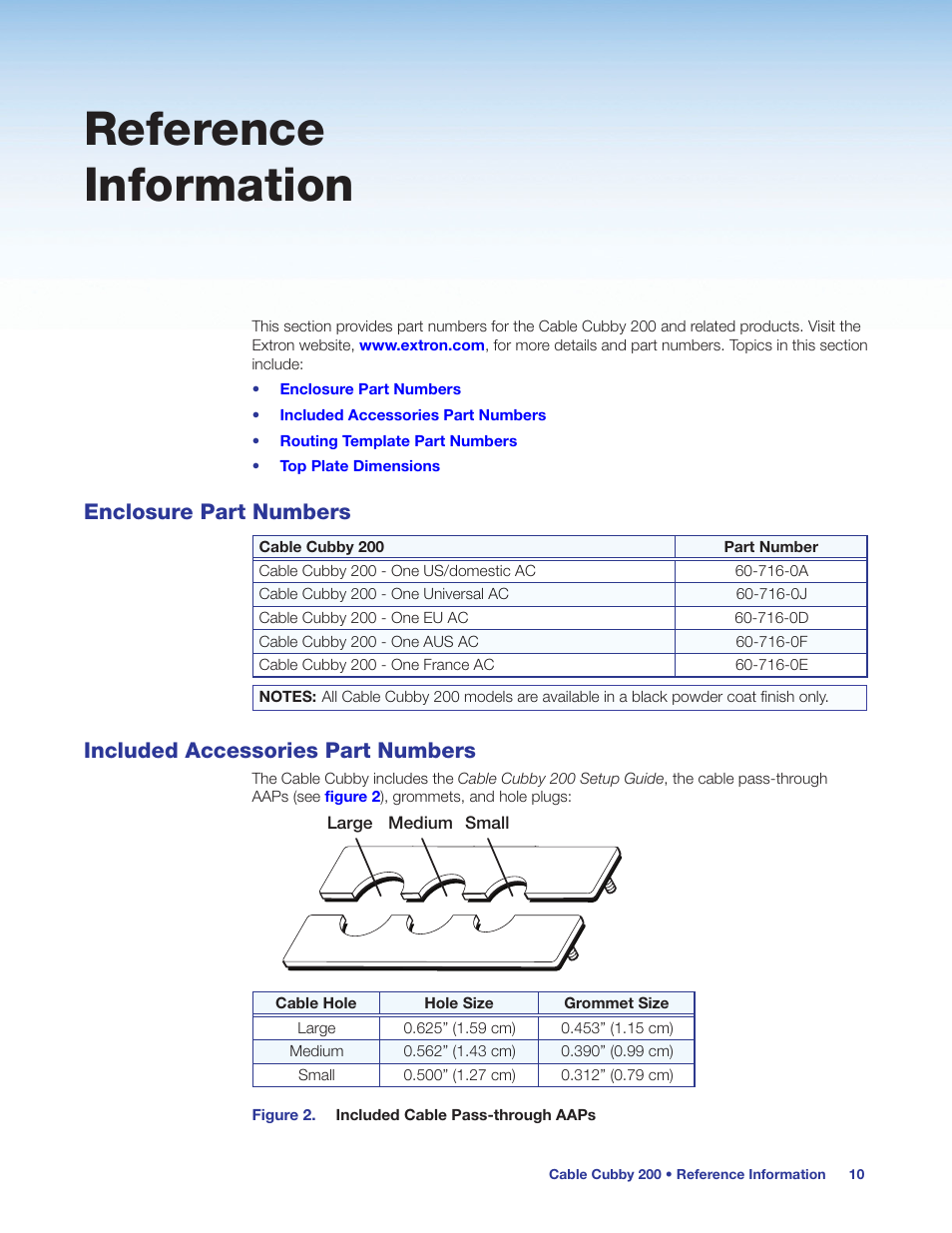 Reference information, Enclosure part numbers, Included accessories part numbers | Extron Electronics Cable Cubby 200 User Manual | Page 15 / 18