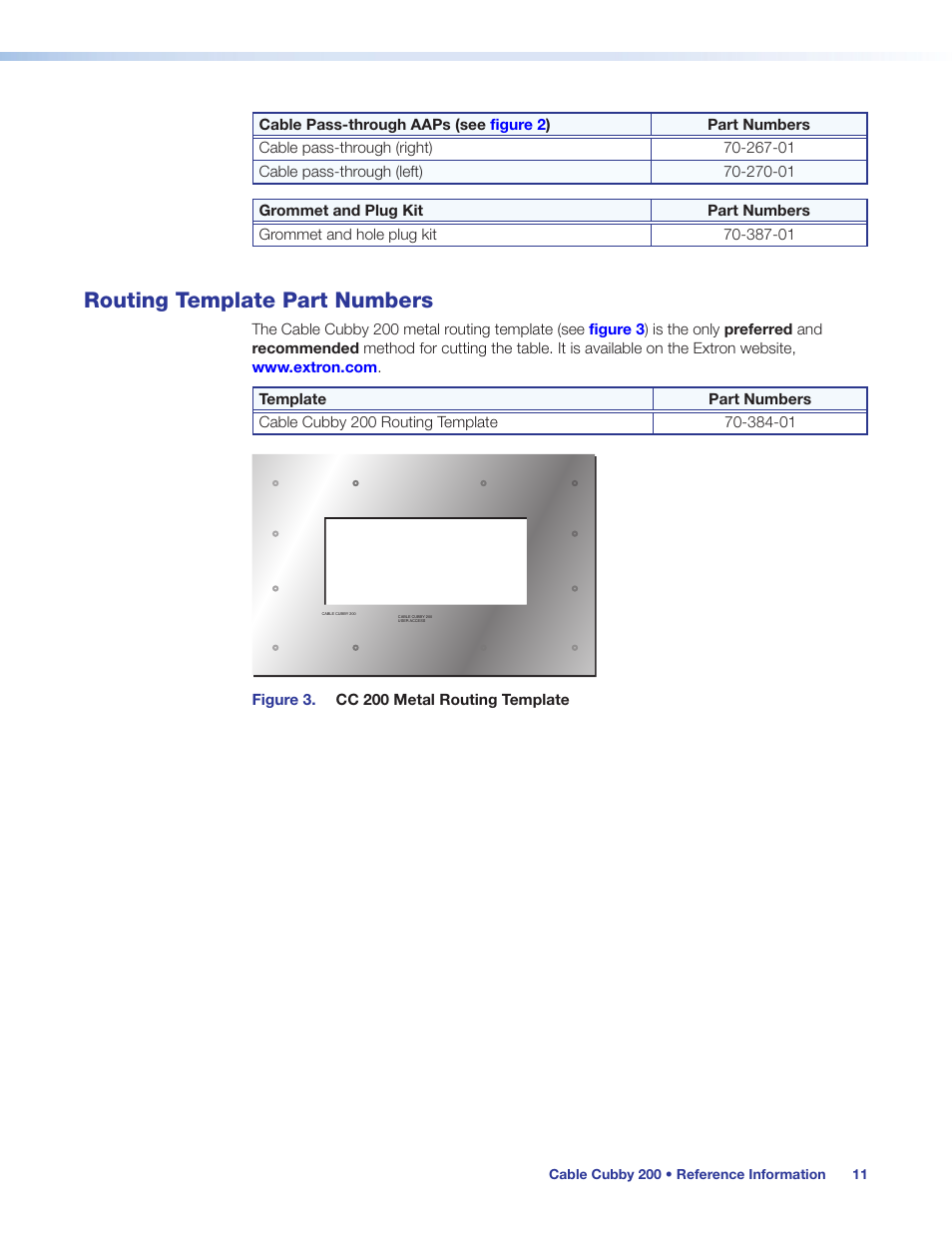 Routing template part numbers top plate dimensions, Routing template part numbers | Extron Electronics Cable Cubby 200 User Manual | Page 16 / 18