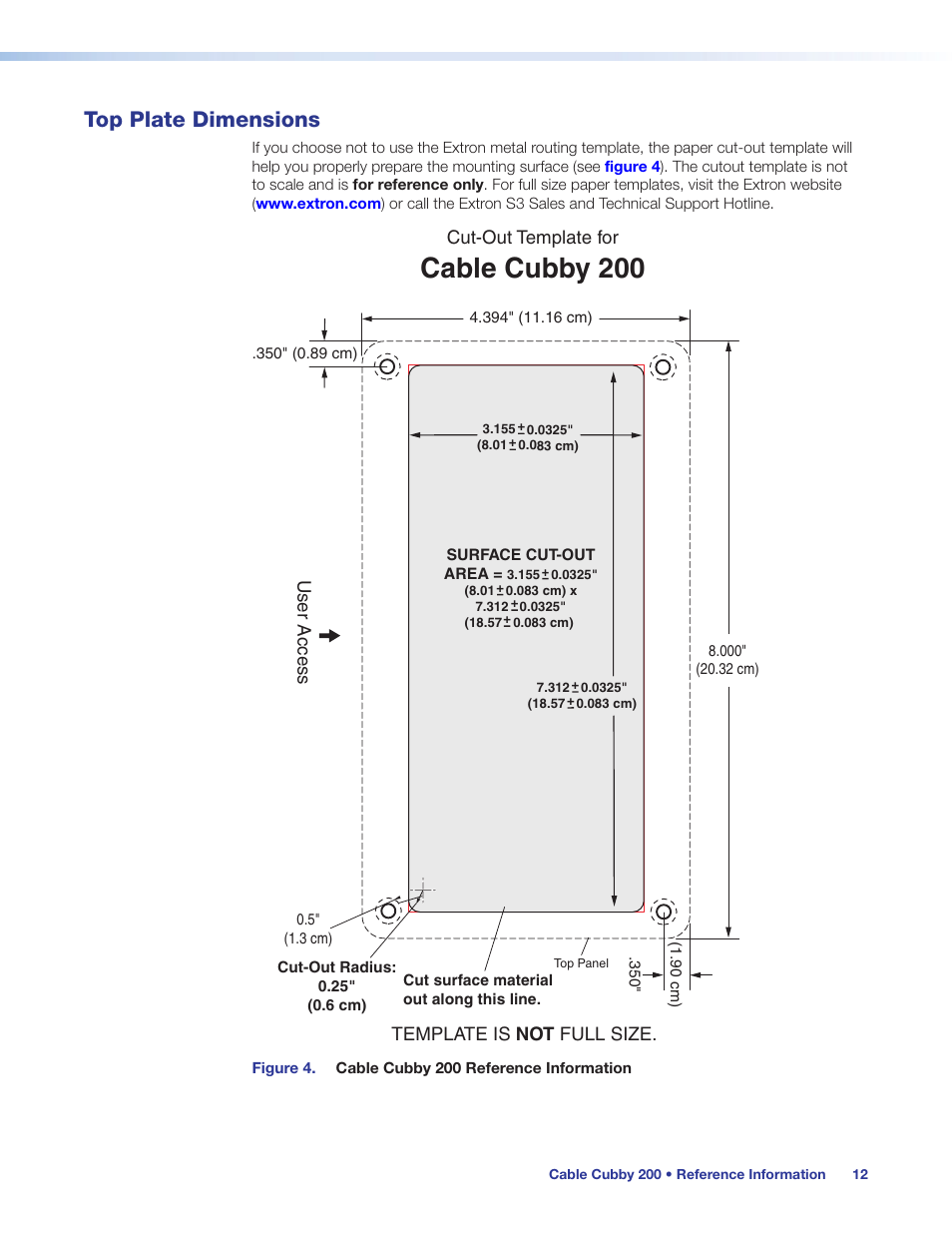 Top plate dimensions, Cable cubby 200 | Extron Electronics Cable Cubby 200 User Manual | Page 17 / 18