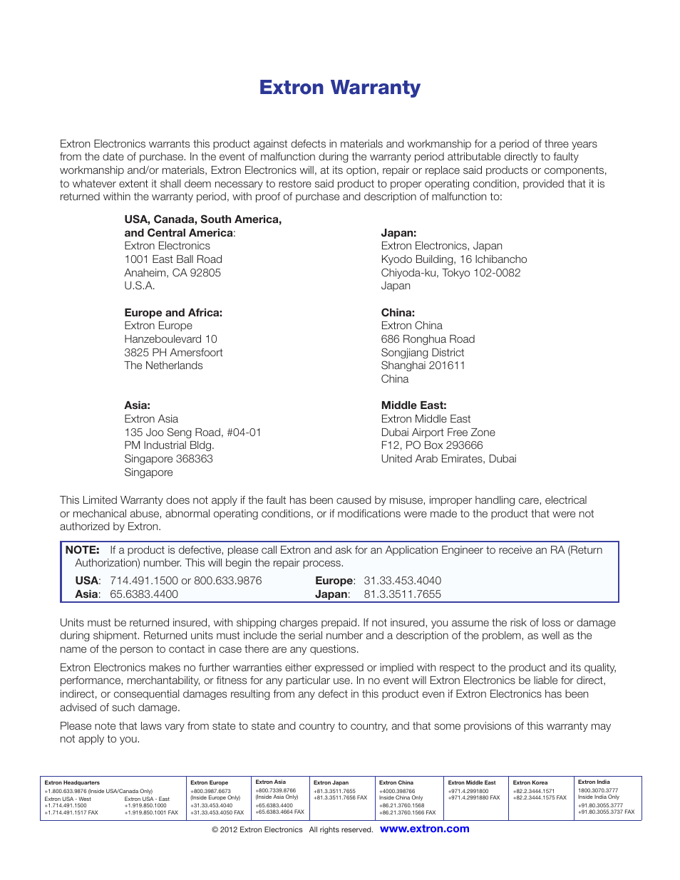 Extron warranty | Extron Electronics Cable Cubby 200 User Manual | Page 18 / 18