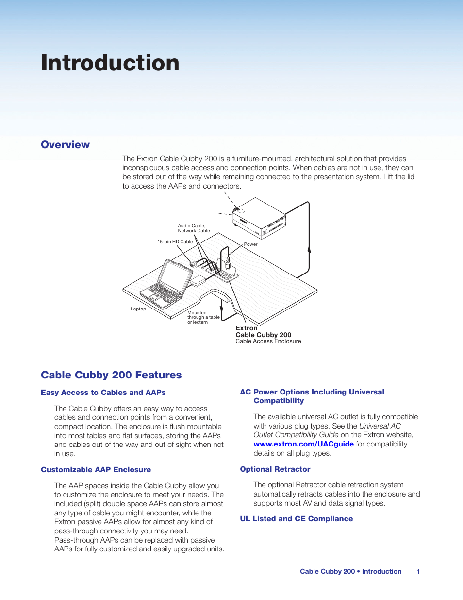 Introduction, Overview cable cubby 200 features, Overview | Cable cubby 200 features | Extron Electronics Cable Cubby 200 User Manual | Page 6 / 18