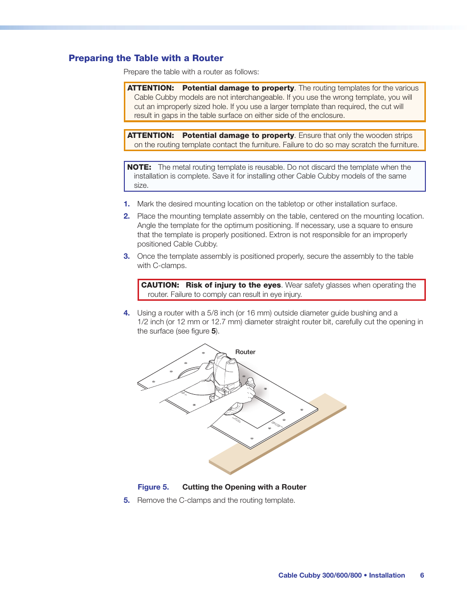 Preparing the table with a router | Extron Electronics Cable Cubby 800 User Manual | Page 11 / 27