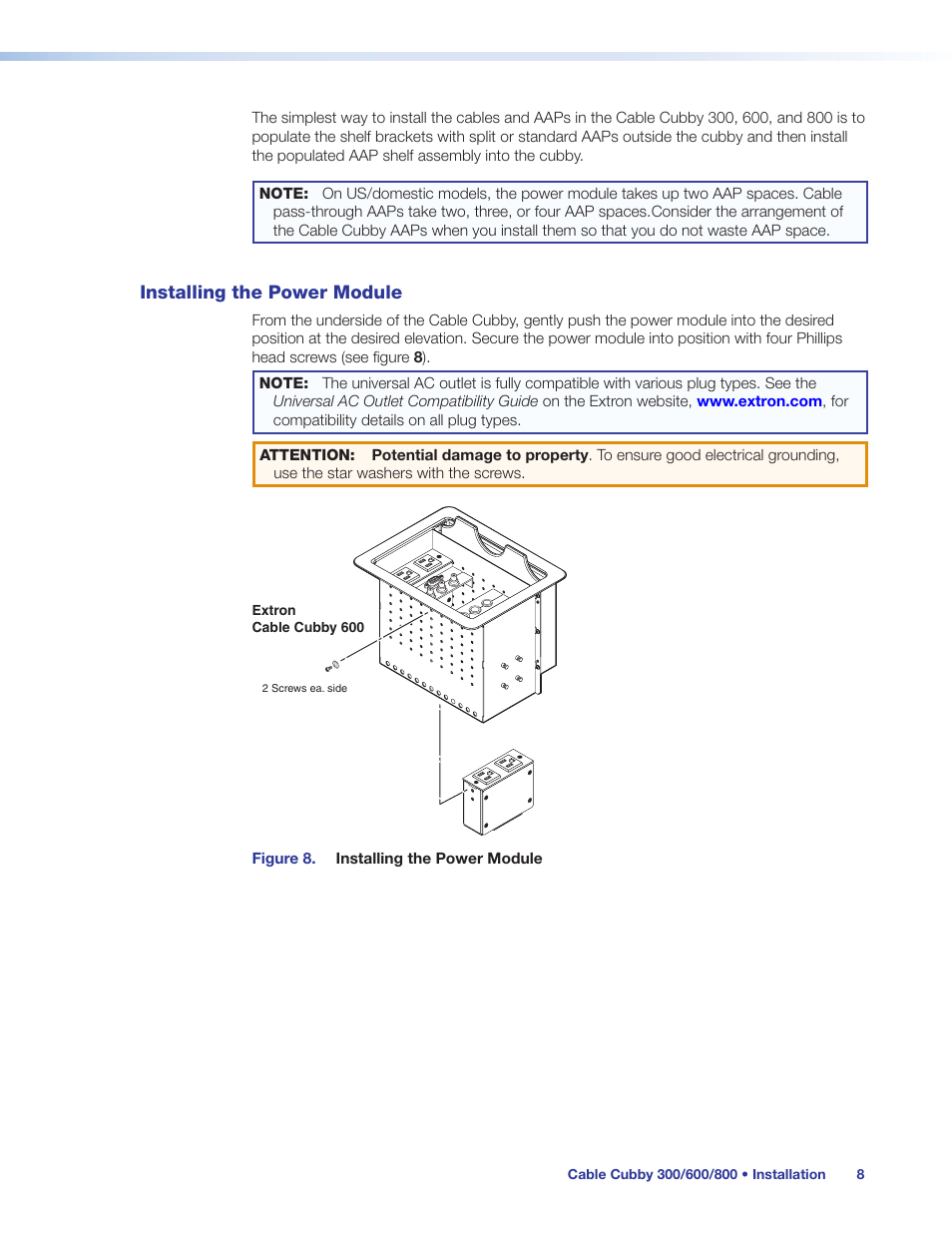 Installing the power module | Extron Electronics Cable Cubby 800 User Manual | Page 13 / 27