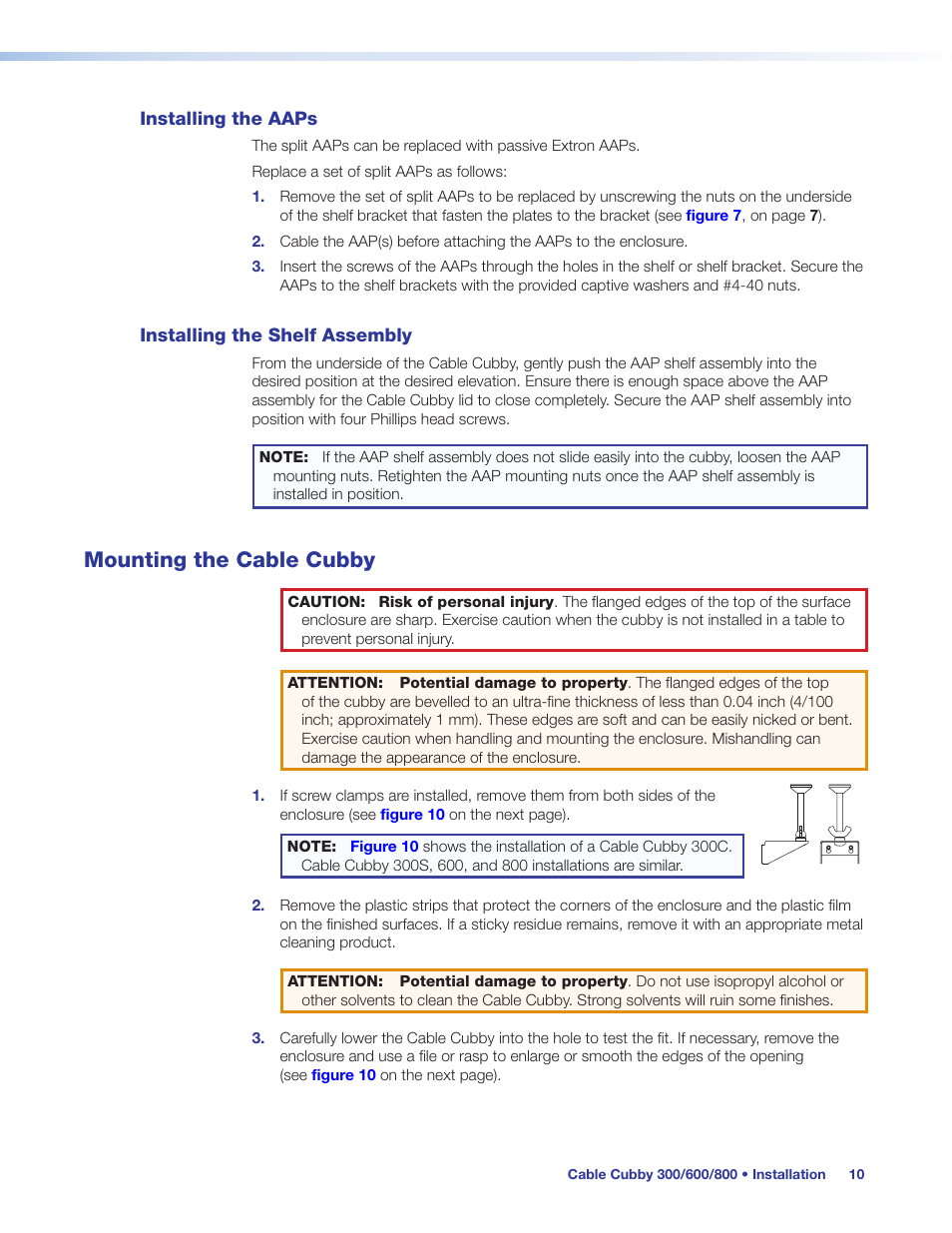 Installing the aaps installing the shelf assembly, Mounting the cable cubby, Aaps in the cubby (see | Installing the aaps | Extron Electronics Cable Cubby 800 User Manual | Page 15 / 27