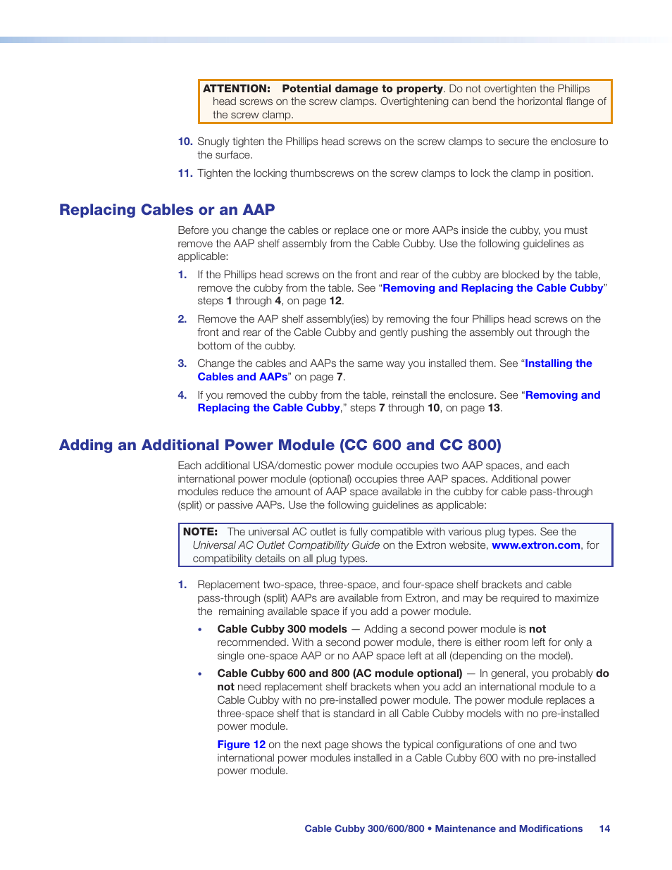 Cc 600 and cc 800), Replacing cables or an aap, Adding an additional power module (cc 600, cc 800) | Extron Electronics Cable Cubby 800 User Manual | Page 19 / 27