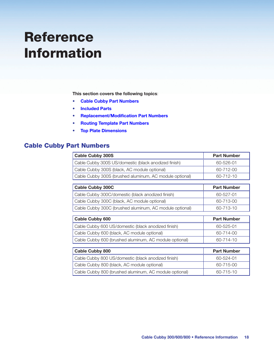 Reference information, Cable cubby part numbers | Extron Electronics Cable Cubby 800 User Manual | Page 23 / 27