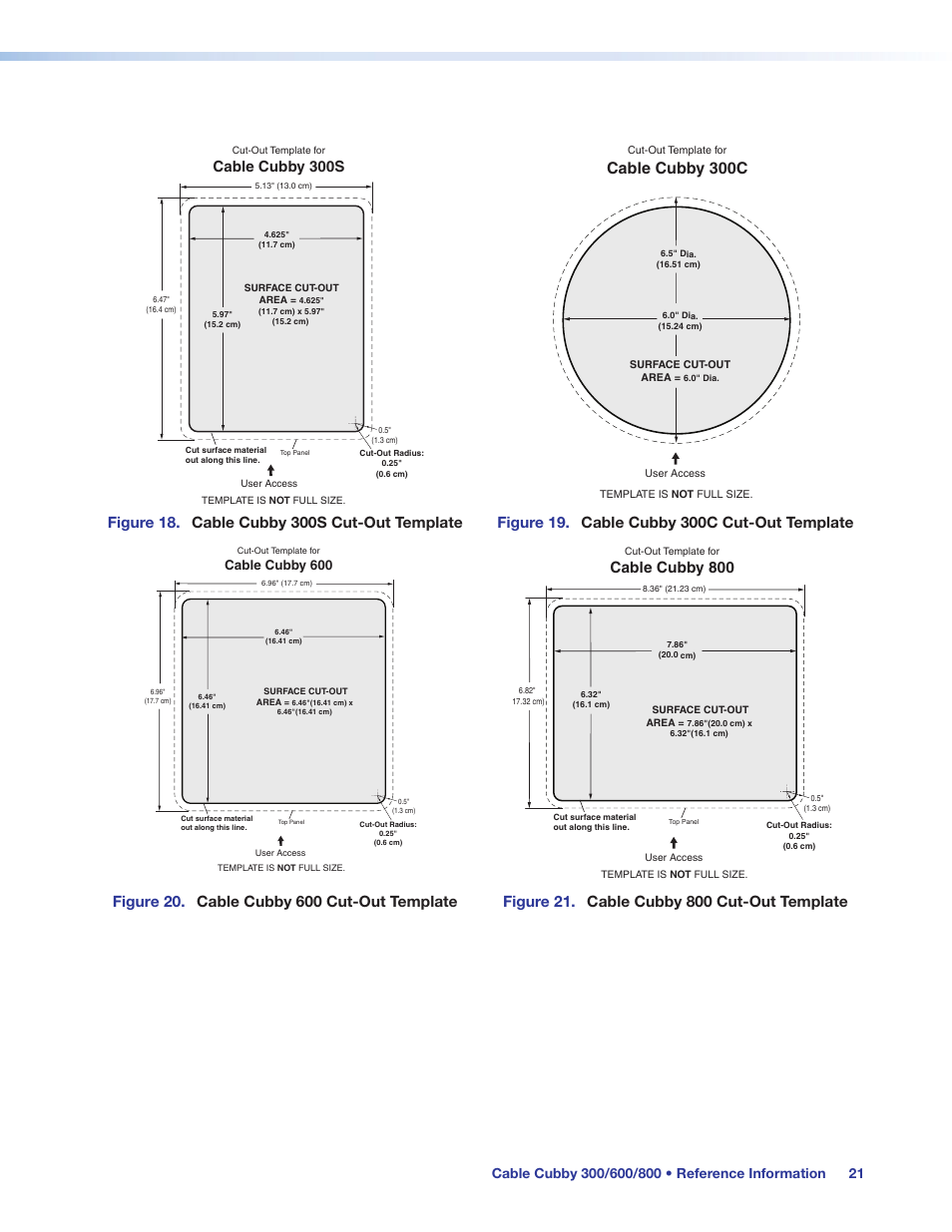 Figure 18, Figure 19, Figure 20 | Figure 21, Cable cubby 300c, Cable cubby 300s, Cable cubby 800, Cable cubby 600 | Extron Electronics Cable Cubby 800 User Manual | Page 26 / 27