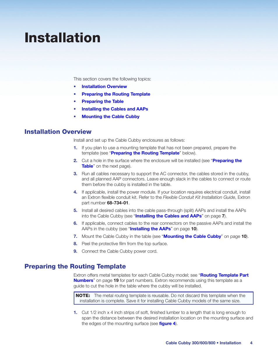 Installation, Installation overview, Preparing the routing template | Extron Electronics Cable Cubby 800 User Manual | Page 9 / 27