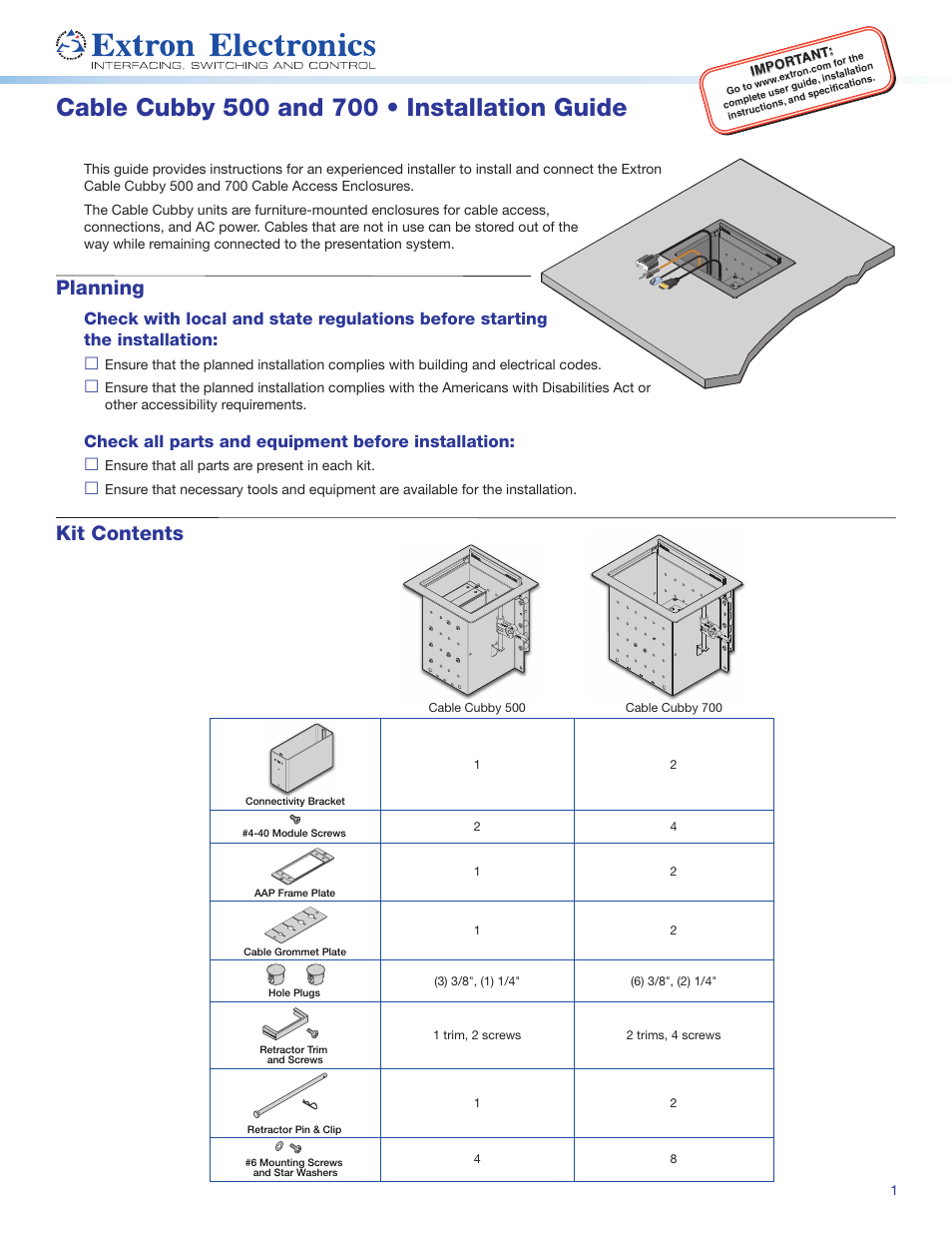 Extron Electronics Cable Cubby 700 User Manual | 6 pages