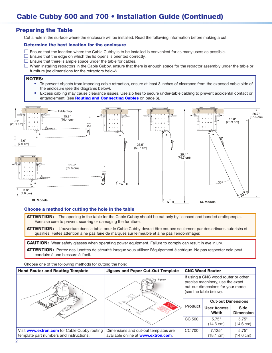 Preparing the table, Determine the best location for the enclosure, Attention | Caution | Extron Electronics Cable Cubby 700 User Manual | Page 2 / 6