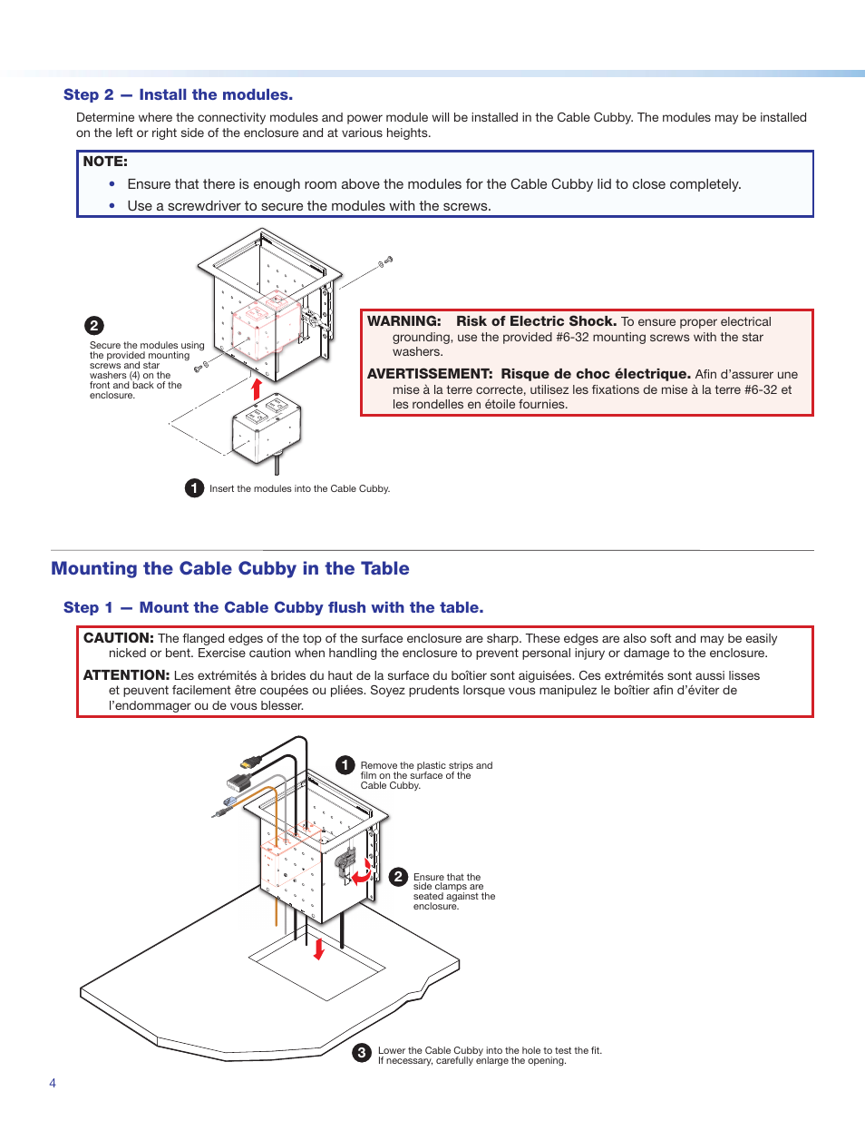 Step 2 — install the, Modules, Oceed to | Mounting the cable cubby in the table, Step 2 — install the modules | Extron Electronics Cable Cubby 700 User Manual | Page 4 / 6