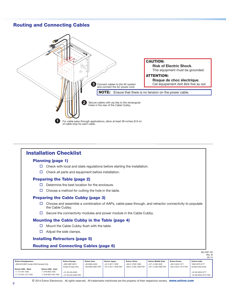 Installation checklist, Routing and connecting cables, Planning (page 1) | Preparing the table (page 2), Preparing the cable cubby (page 3), Mounting the cable cubby in the table (page 4) | Extron Electronics Cable Cubby 700 User Manual | Page 6 / 6