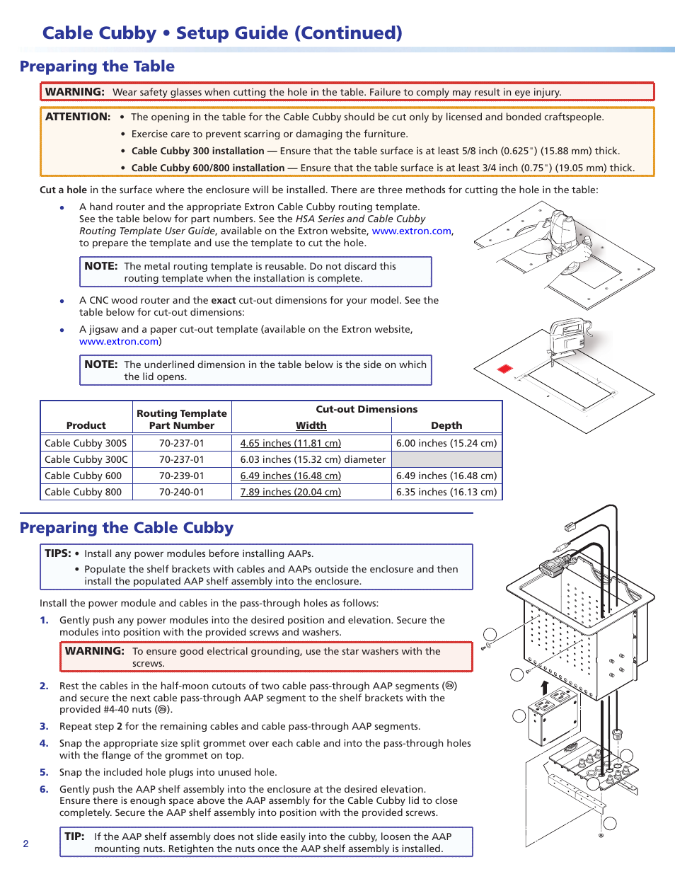 Cable cubby • setup guide (continued), Preparing the table, Preparing the cable cubby | Warning, Attention, Tips | Extron Electronics Cable Cubby Setup Guide User Manual | Page 2 / 4
