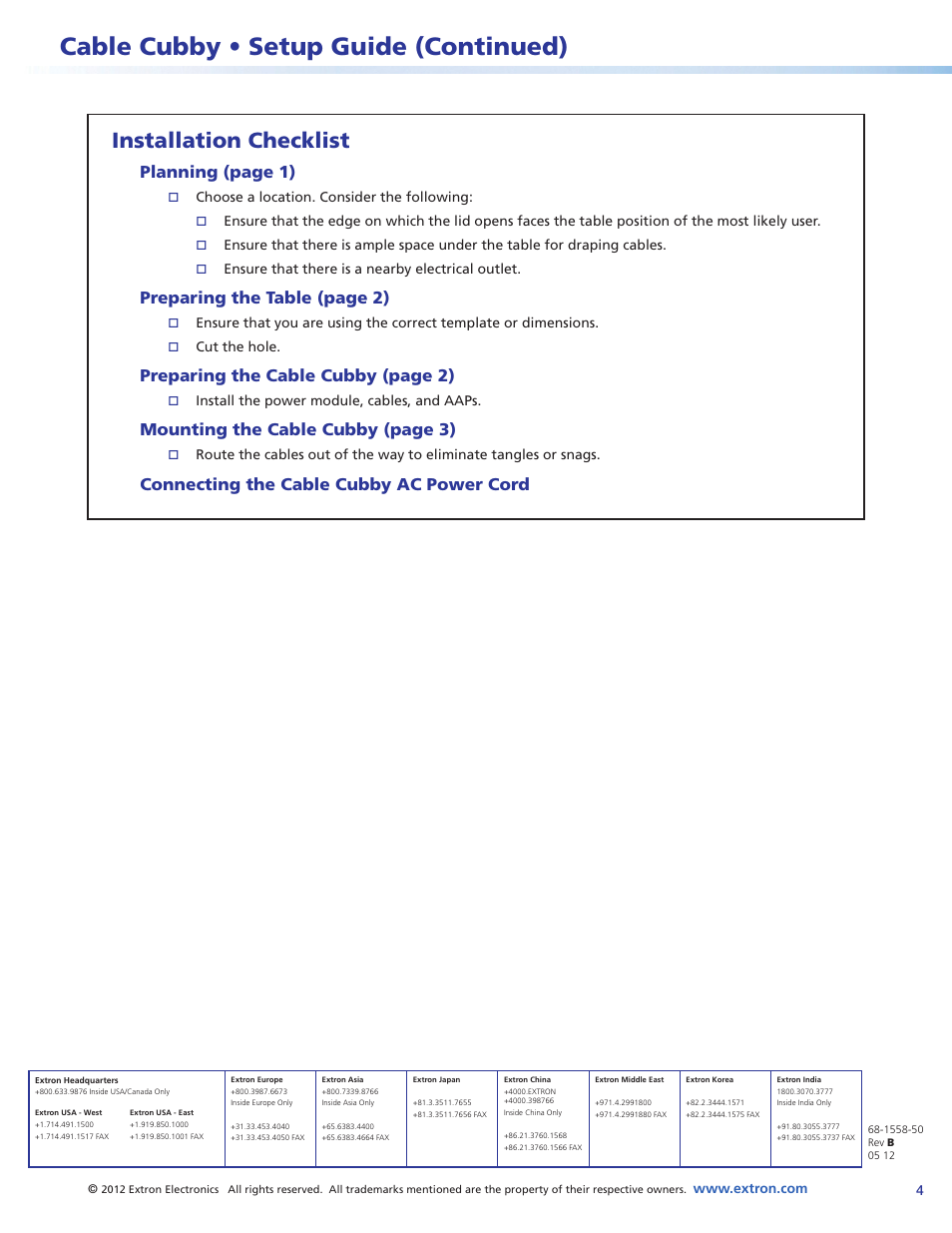 Cable cubby • setup guide (continued), Installation checklist, Planning (page 1) | Preparing the table (page 2), Preparing the cable cubby (page 2), Mounting the cable cubby (page 3), Connecting the cable cubby ac power cord | Extron Electronics Cable Cubby Setup Guide User Manual | Page 4 / 4