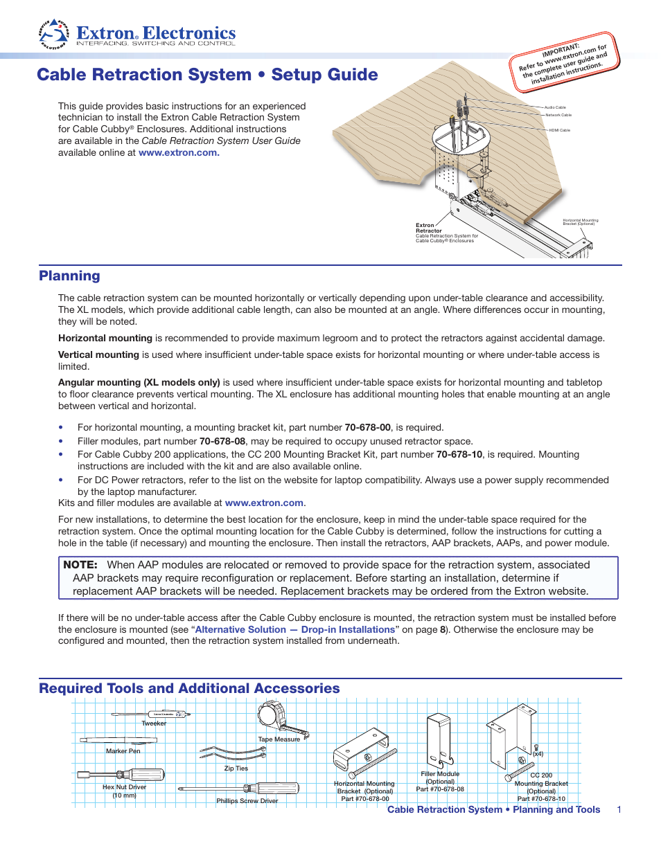 Extron Electronics Cable Retraction System Setup Guide User Manual | 10 pages