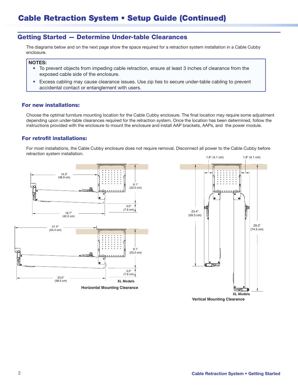 Cable retraction system • setup guide (continued), Getting started — determine under-table clearances, For new installations | For retrofit installations | Extron Electronics Cable Retraction System Setup Guide User Manual | Page 2 / 10