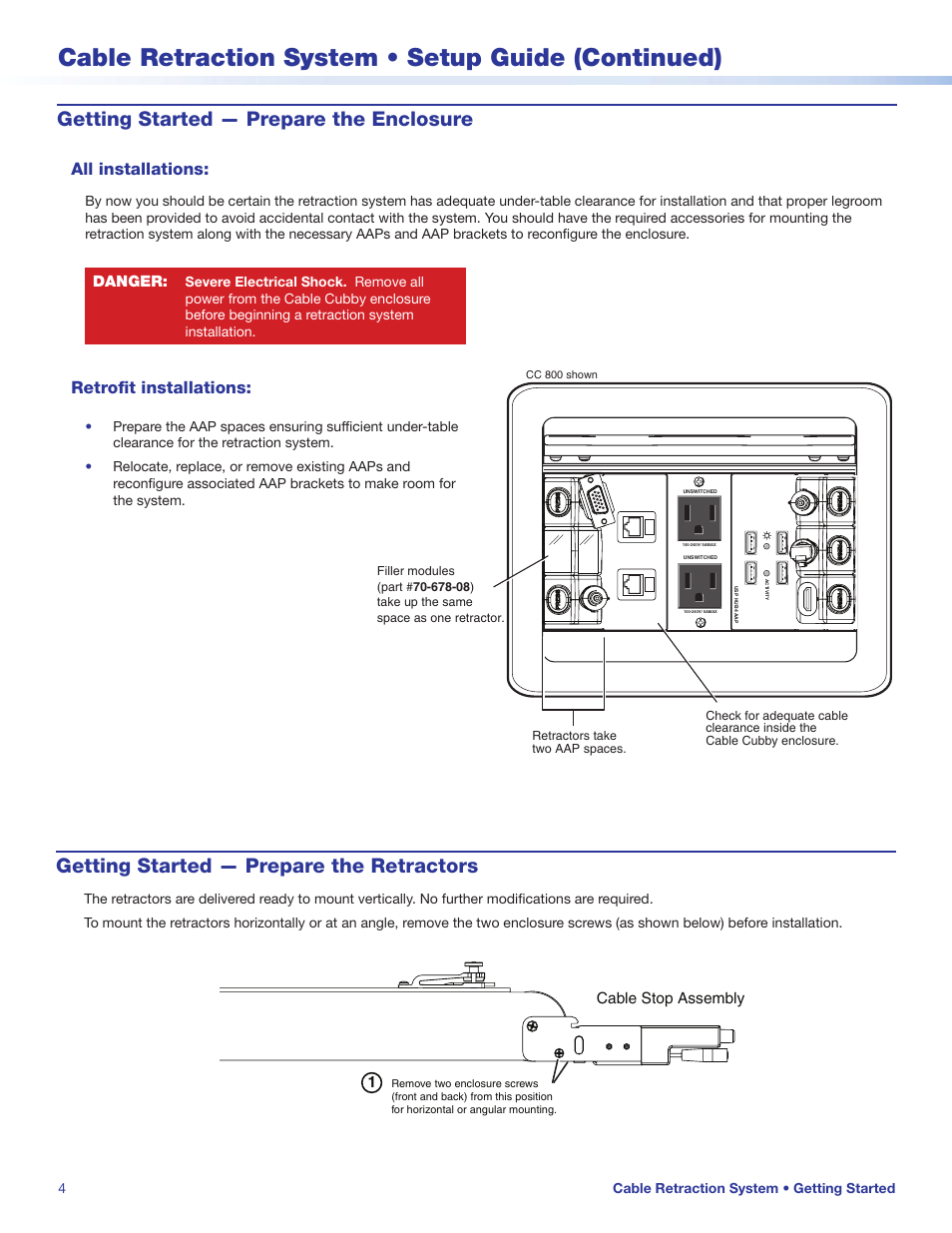 Cable retraction system • setup guide (continued), Getting started — prepare the enclosure, Getting started — prepare the retractors | All installations, Retrofit installations | Extron Electronics Cable Retraction System Setup Guide User Manual | Page 4 / 10