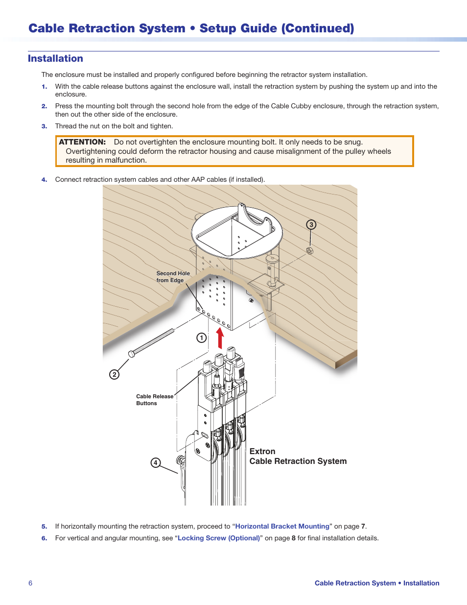 Cable retraction system • setup guide (continued), Installation | Extron Electronics Cable Retraction System Setup Guide User Manual | Page 6 / 10